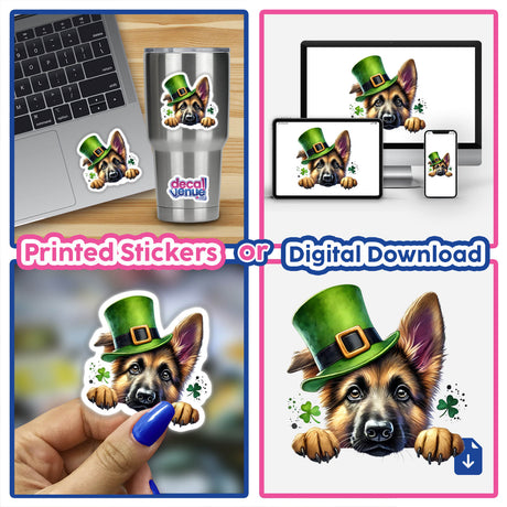 Peeking St Patricks Day German Shepherd Dog sticker collage, featuring the dog in a green hat, ideal for laptops and cups. Available as stickers or digital artwork.