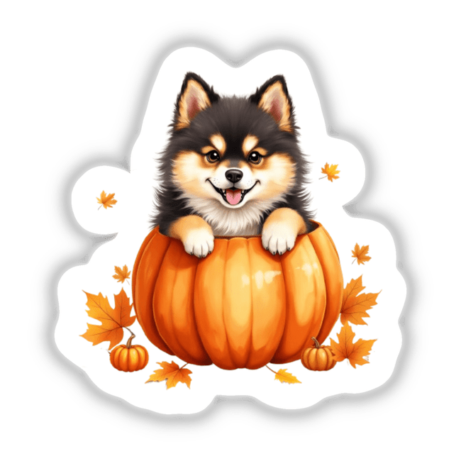 Adorable Pomsky Puppy in Pumpkin Clipart: A cute Pomsky puppy nestled inside a carved pumpkin, perfect for fall-themed stickers or digital artwork. Ideal for commercial use.