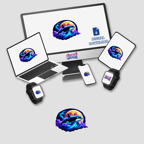 A computer monitor and laptop display A Cute Magical Orca artwork, featuring a whimsical orca floating among celestial elements, available as stickers or digital artwork from Decal Venue.