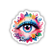 Floral Rainbow Third Eye: A detailed graphic of a blue eye surrounded by colorful flowers, available as stickers or digital artwork from Decal Venue.