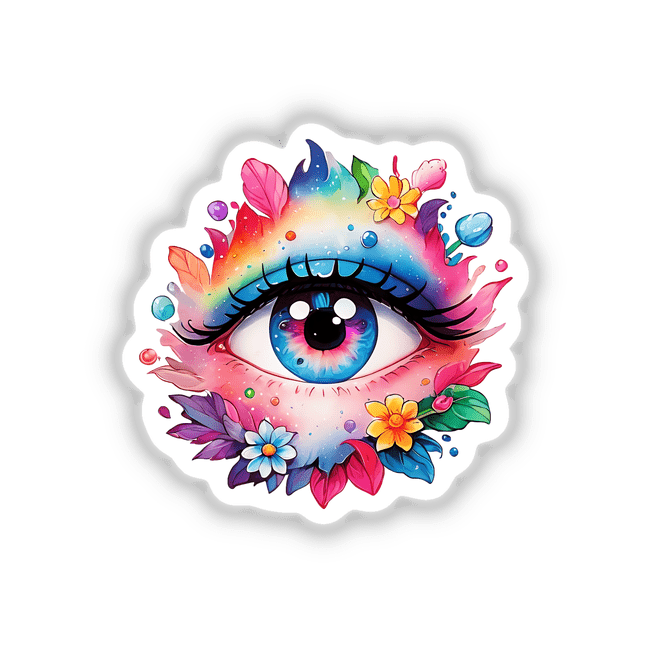 Floral Rainbow Third Eye: A detailed graphic of a blue eye surrounded by colorful flowers, available as stickers or digital artwork from Decal Venue.