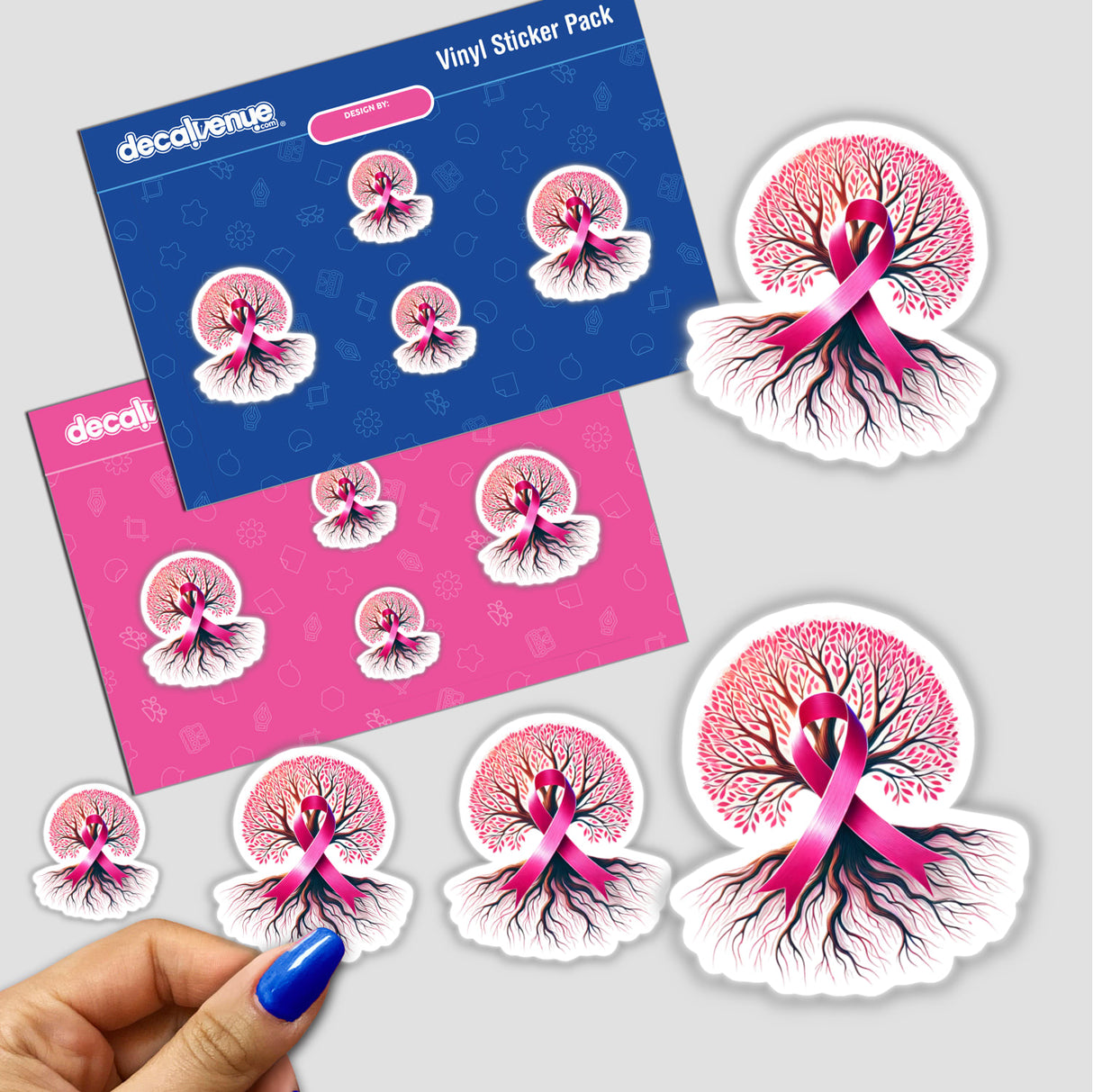 Stickers featuring the Pink Ribbon and Tree of Life Breast Cancer Awareness design, including close-up details of application and individual stickers.