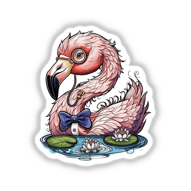 Cartoon illustration of an elegant flamingo wearing a monocle and bow tie, standing near a water lily pond. Available as stickers or digital artwork from Decal Venue.