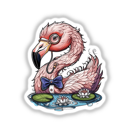 Cartoon illustration of an elegant flamingo wearing a monocle and bow tie, standing near a water lily pond. Available as stickers or digital artwork from Decal Venue.