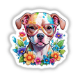 Baby pitbull wearing reading glasses adorned with colorful flowers, available as stickers or digital artwork from Decal Venue.