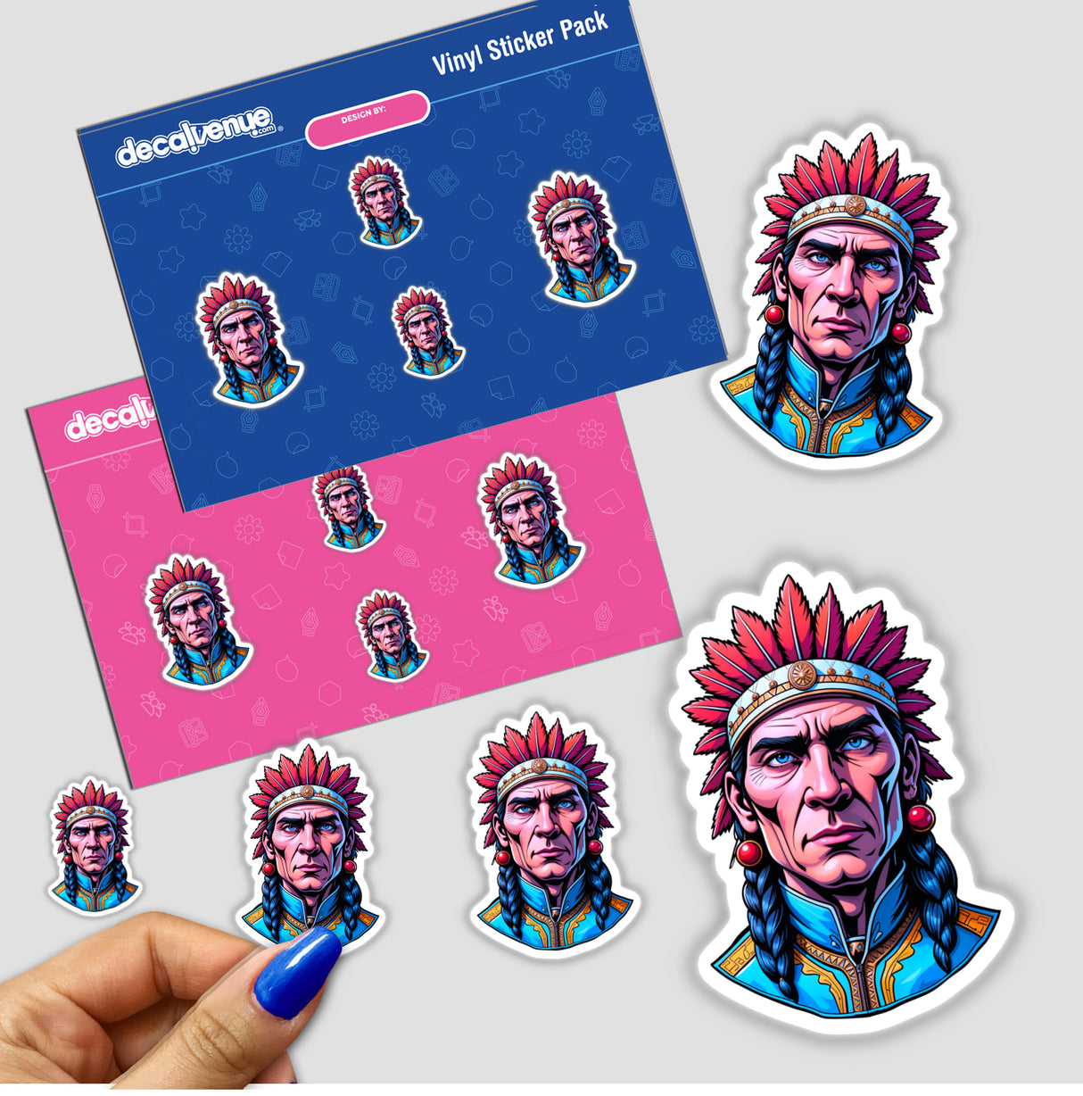 Native American Warrior Chief stickers featuring diverse designs of a man with a headdress, ideal for unique vinyl sticker collections or digital art enthusiasts.