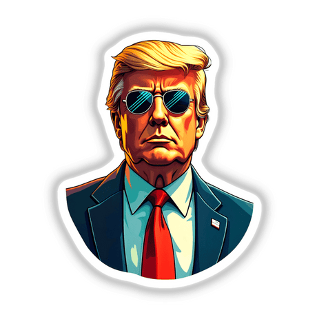 President Donald Trump illustration featuring him in sunglasses and a suit, available as stickers or digital artwork, showcasing a unique caricature style from Decal Venue.