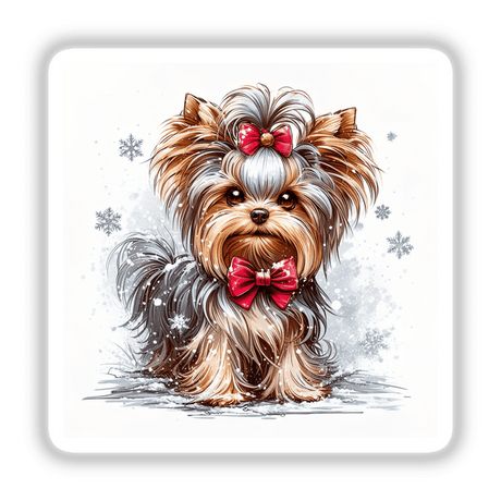 Holiday Winter Yorkie Dog wearing a bow tie, available as unique stickers or digital artwork. The dog is a central focus, emphasizing the playful and charming design offered by Decal Venue.