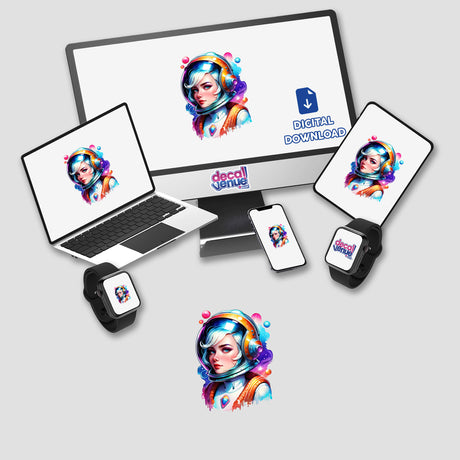 Sci-Fi Astronaut Air Hostess Sticker featuring a cartoon woman in a spacesuit displayed on various devices, available as stickers or digital artwork from Decal Venue.