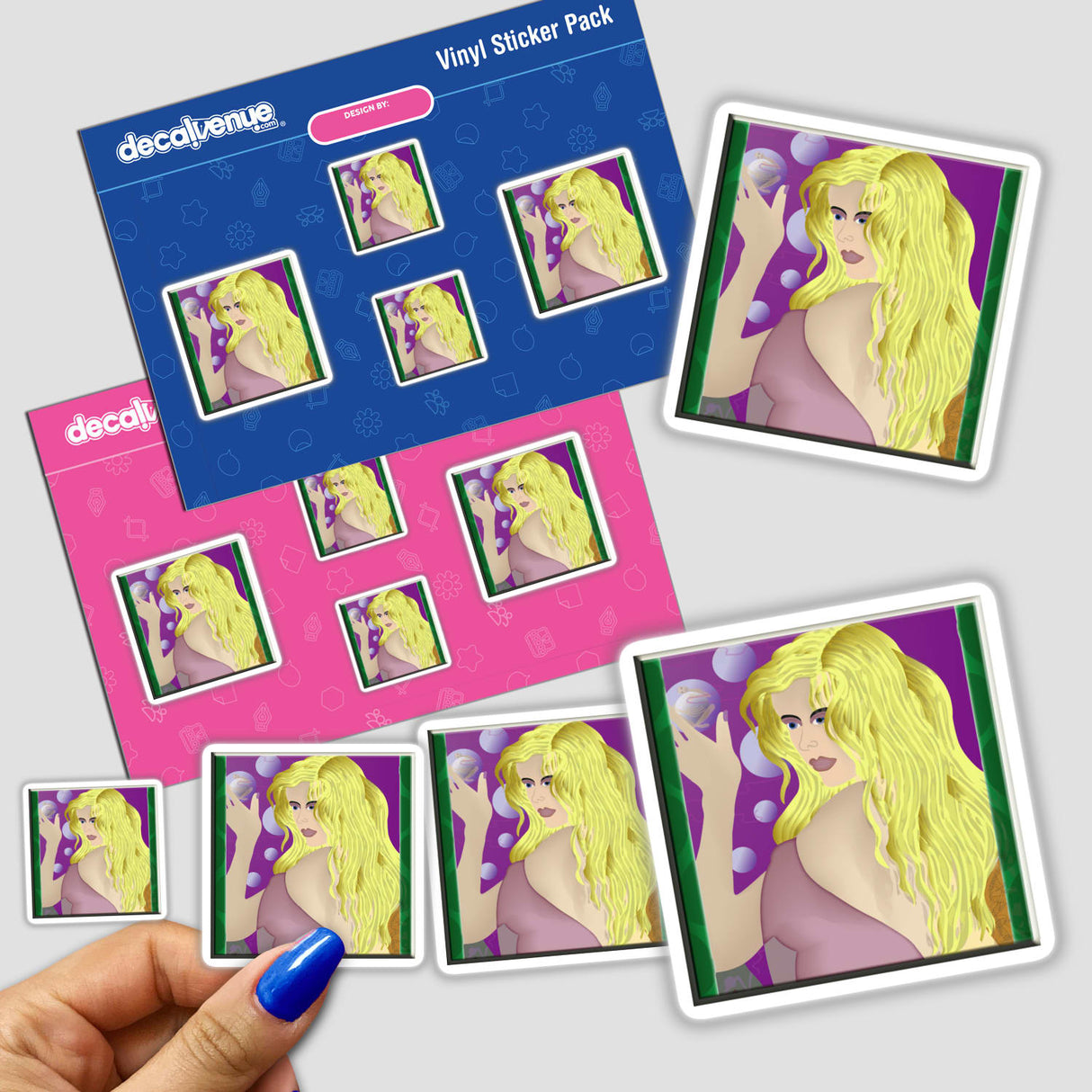 Transend sticker featuring a cartoon woman with long blonde hair, available as a sticker or digital artwork, reflecting Decal Venue's unique art style.