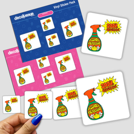 Sticker pack titled A**hole Repellent featuring cartoon spray bottle designs, shown held in a hand. Available as stickers or digital artwork from Decal Venue.