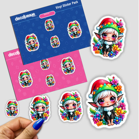 Sticker pack titled Floral Elf Magic: Kawaii Elf in Santa Hat featuring various cartoon characters with flowers, showcased alongside a close-up of a person’s finger holding one sticker.