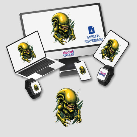 A Cool Xenomorph Alien Warrior displayed on a computer monitor and laptop, featuring a sharp-toothed alien. Available as stickers or digital artwork from Decal Venue.