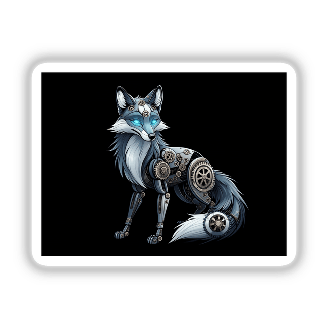 Steampunk Fox with Glowing Eyes and Gear Accents: A digital art piece featuring a cartoon fox integrated with intricate gears, available as a unique sticker or digital artwork from Decal Venue.