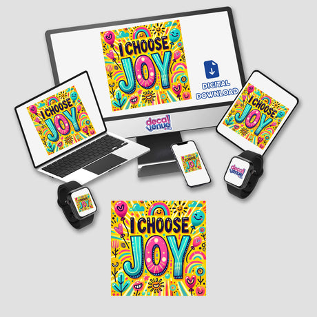 Computer monitor and laptop displaying I Choose Joy Sticker | Positive Affirmation for Mental Health | Digital Download for Commercial Use with colorful text and graphics.