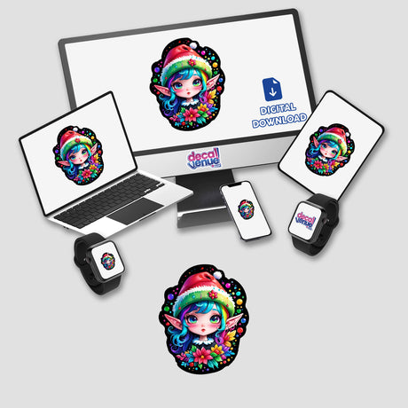 Santa's Little Helper: Kawaii Elf displayed on a computer monitor and laptop, showcasing a cute cartoon character with blue hair and a hat. Available as stickers or digital artwork.