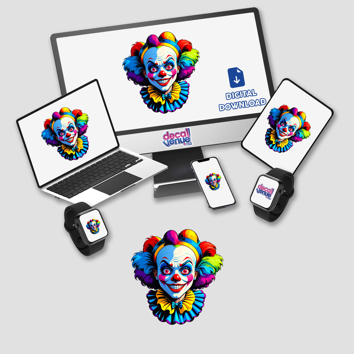 A Crazy Clown Girl image displayed on a laptop and monitor screen, offered as stickers or digital artwork, featuring a whimsical clown face for Decal Venue's unique collection.