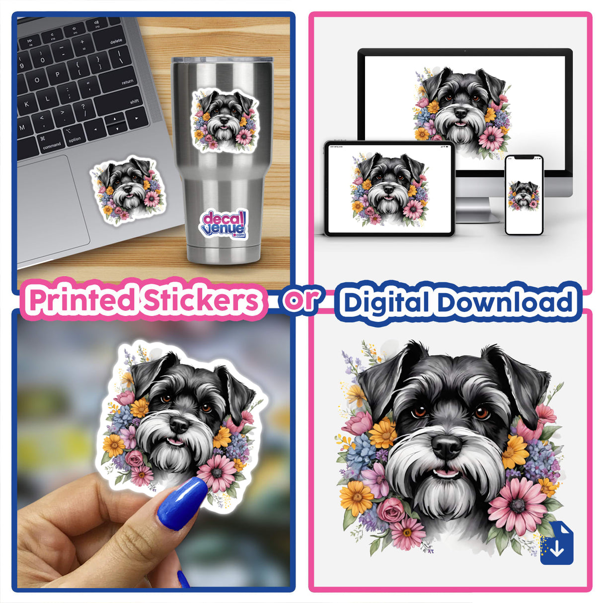 Floral Schnauzer Dog Portrait - Digital Artwork from Decal Venue's Collection