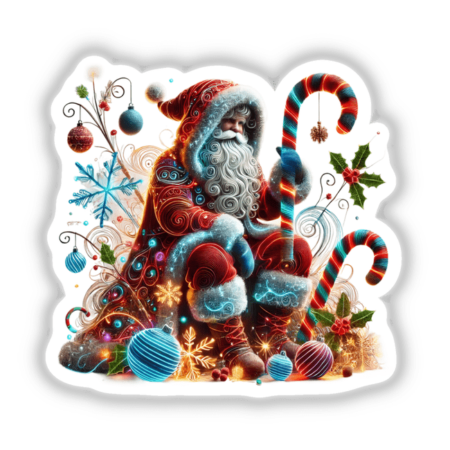 Whimsical Santa Claus in Christmas Sweater, Surrounded by Colorful Ornaments and Decorations