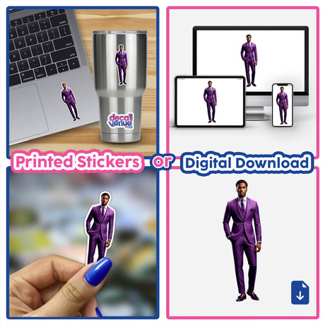 Collage featuring the Handsome Male Model in a purple suit, highlighted as available in sticker or digital artwork format from Decal Venue.