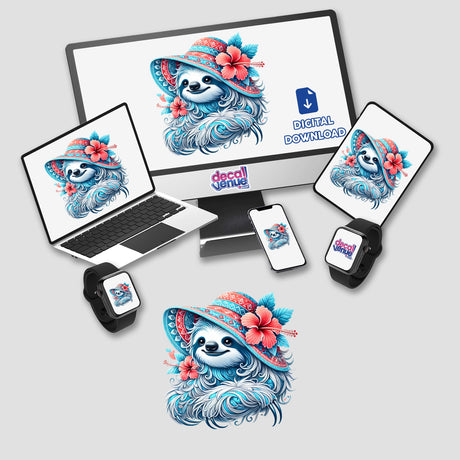 Playful and colorful digital sloth artwork with tropical hibiscus flowers, perfect for stickers or digital downloads on the Decal Venue store.