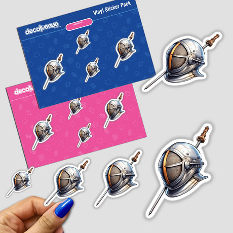 Metallic fencing helmets depicted in a sticker pack for decal artwork, featuring multiple copies of the stylized fencing helmet design against a pink and blue backdrop. The stickers appear to be part of the product offering from Decal Venue, an online store specializing in unique stickers and digital art.