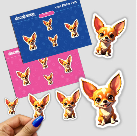 Cute Chihuahua sticker pack featuring cartoon dogs with big ears, shown alongside a person's finger for scale. Available as vinyl stickers or digital artwork from Decal Venue.