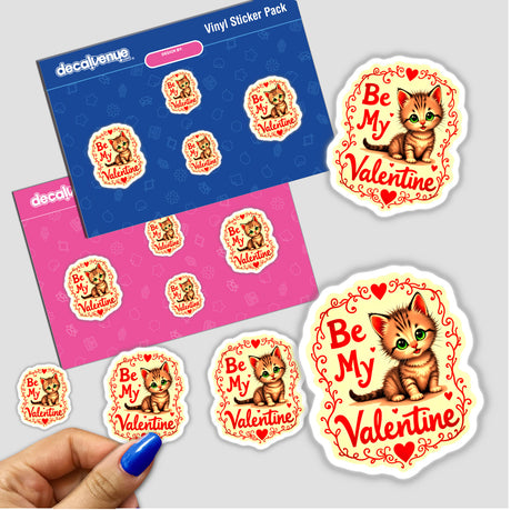 Be My Valentine Valentine's Day Kitten sticker pack featuring adorable cartoon cats with big eyes, hearts, and playful poses, available as unique stickers or digital artwork from Decal Venue.