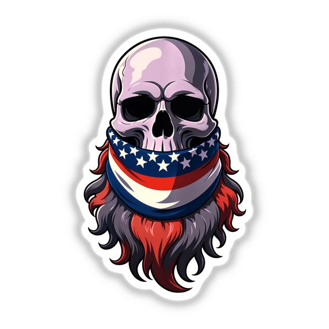 Illustration of A Cool Skull With An American Flag Bandana, featuring a skull with a beard and a red, white, and blue bandana, available as stickers or digital artwork.