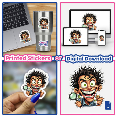 Pesquisador Doido digital artwork and stickers featuring a cartoon character holding a magnifying glass.