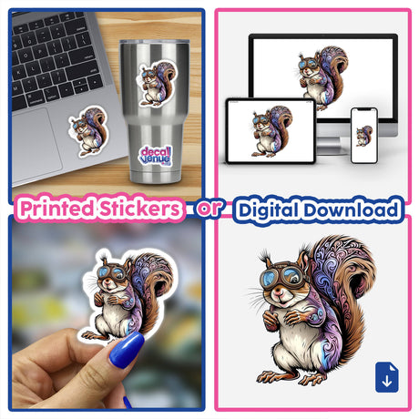 Whimsical Squirrel with Intricate Tail and Vintage Goggles featured as a playful sticker on various surfaces, showcasing its charming cartoon style, available as a sticker or digital artwork.