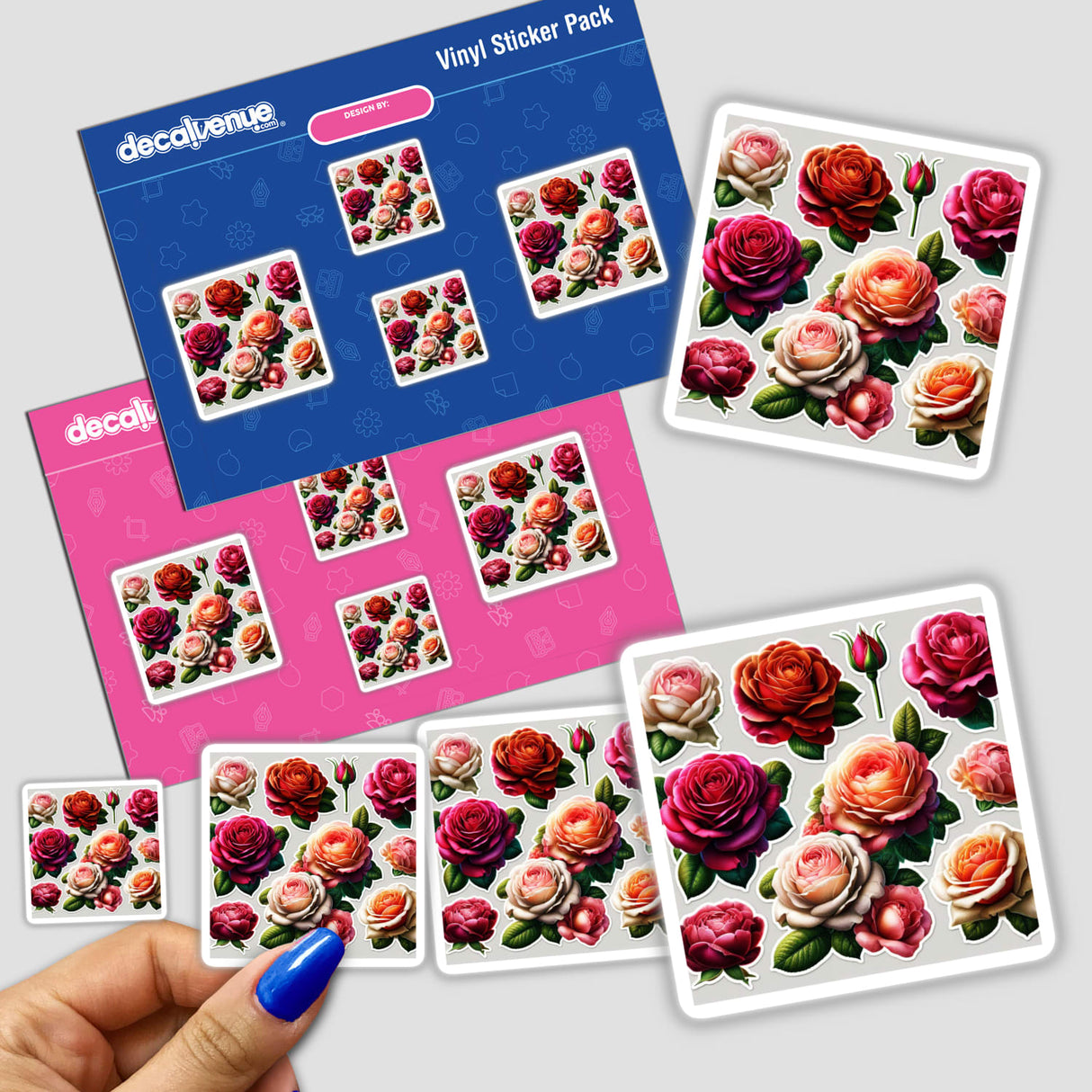 Beautiful Lush Roses sticker pack held in hand, showcasing floral designs. Available as unique vinyl stickers or digital artwork, capturing the essence of Decal Venue's artistic offerings.