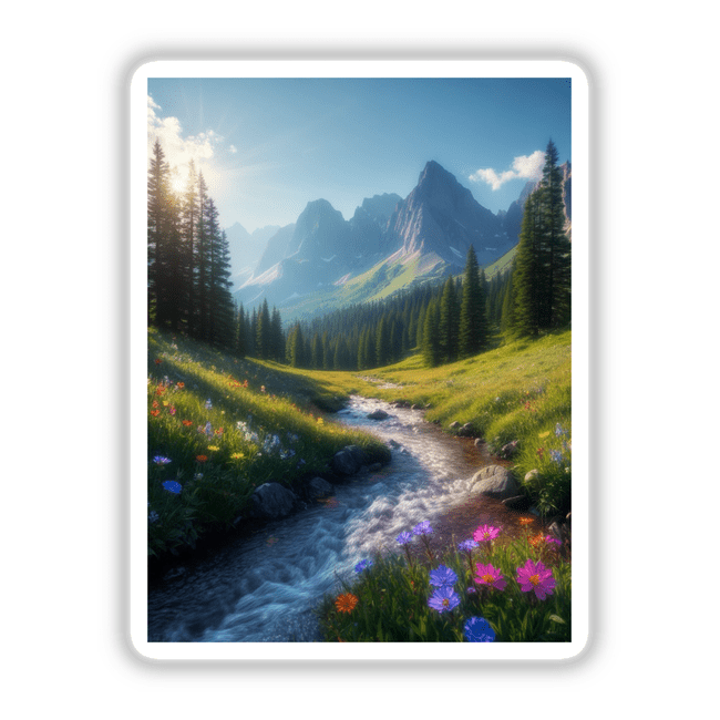 Idyllic Mountain Stream with Vibrant Wildflowers and Towering Pines, capturing a serene landscape ideal for unique vinyl stickers or digital artwork.