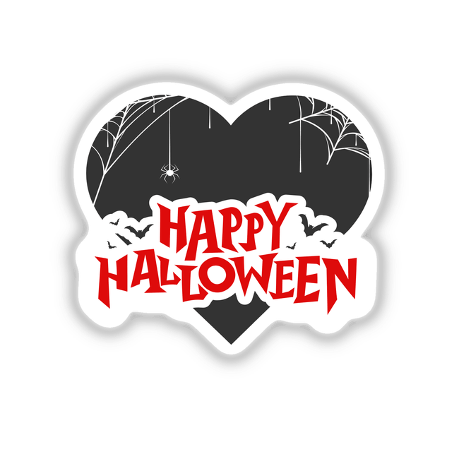 Happy Halloween Valentine Style sticker or digital artwork featuring a heart entwined with spider webs and bats, complemented by bold text, embodying Decal Venue's unique graphic design theme.