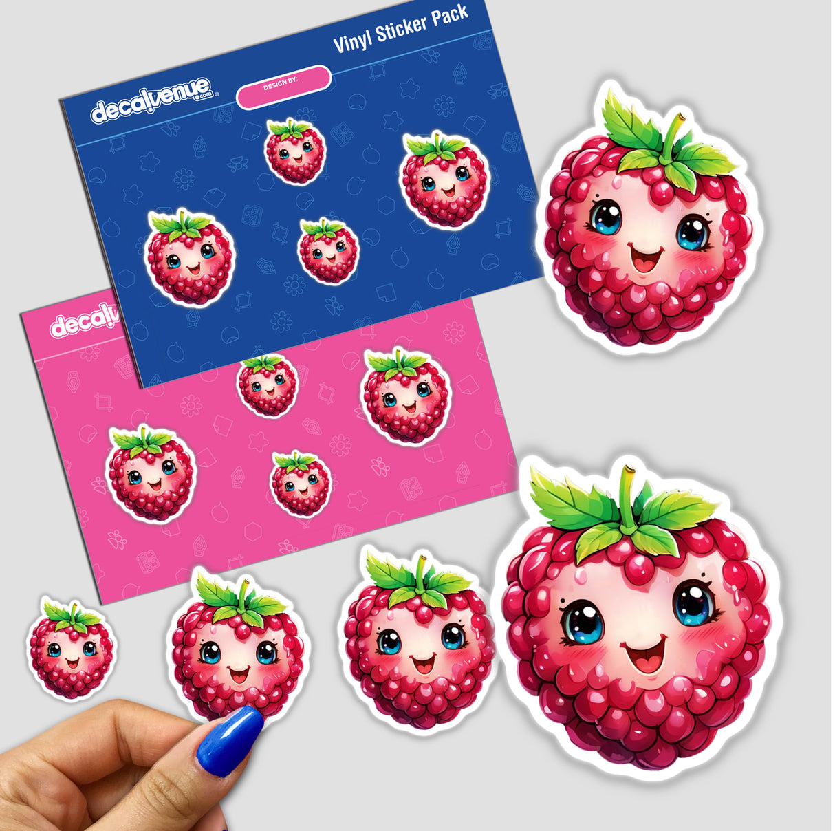 Smiling Raspberry Delight stickers featuring cute cartoon raspberry faces. Available as stickers or digital artwork from Decal Venue.