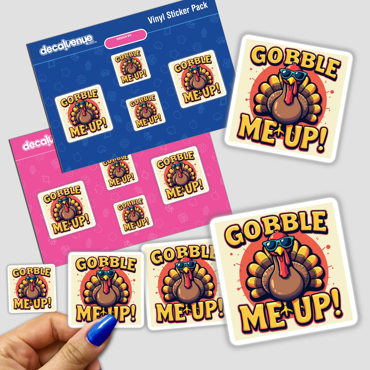 Gobble Me Up! Funny Thanksgiving Sticker & Clipart features a hand holding a sticker pack of cartoon turkeys wearing sunglasses, perfect for adding humor to your holiday decor or digital projects.