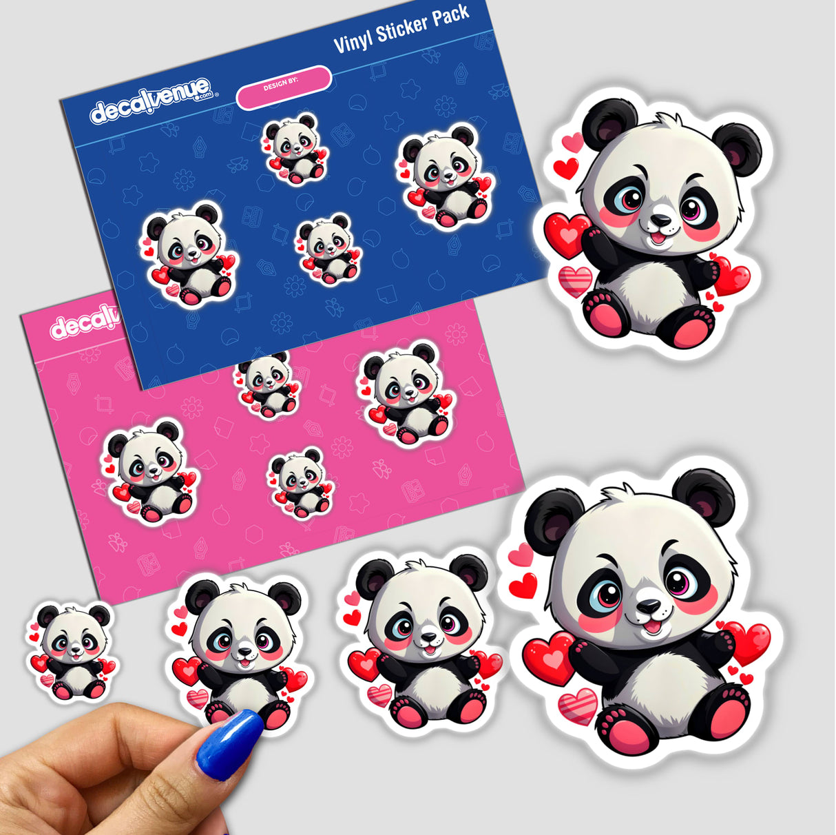 A Cute Panda Bear With Love Hearts stickers featuring cartoon pandas surrounded by hearts, depicted on a hand for scale, available as unique decals or digital artwork.