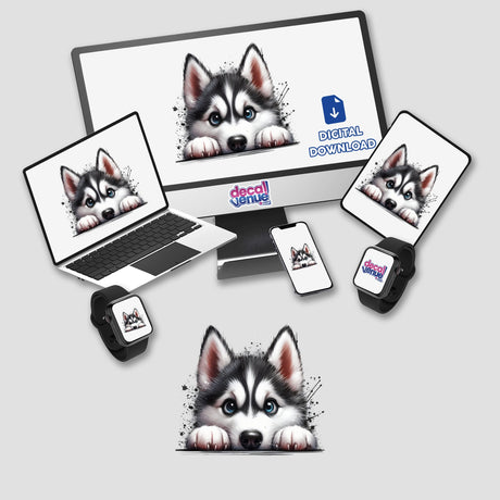 Peeking Husky Dog Splatter design displayed on a computer monitor and laptop. Ideal as stickers or digital artwork, showcasing a black and white puppy with blue eyes.