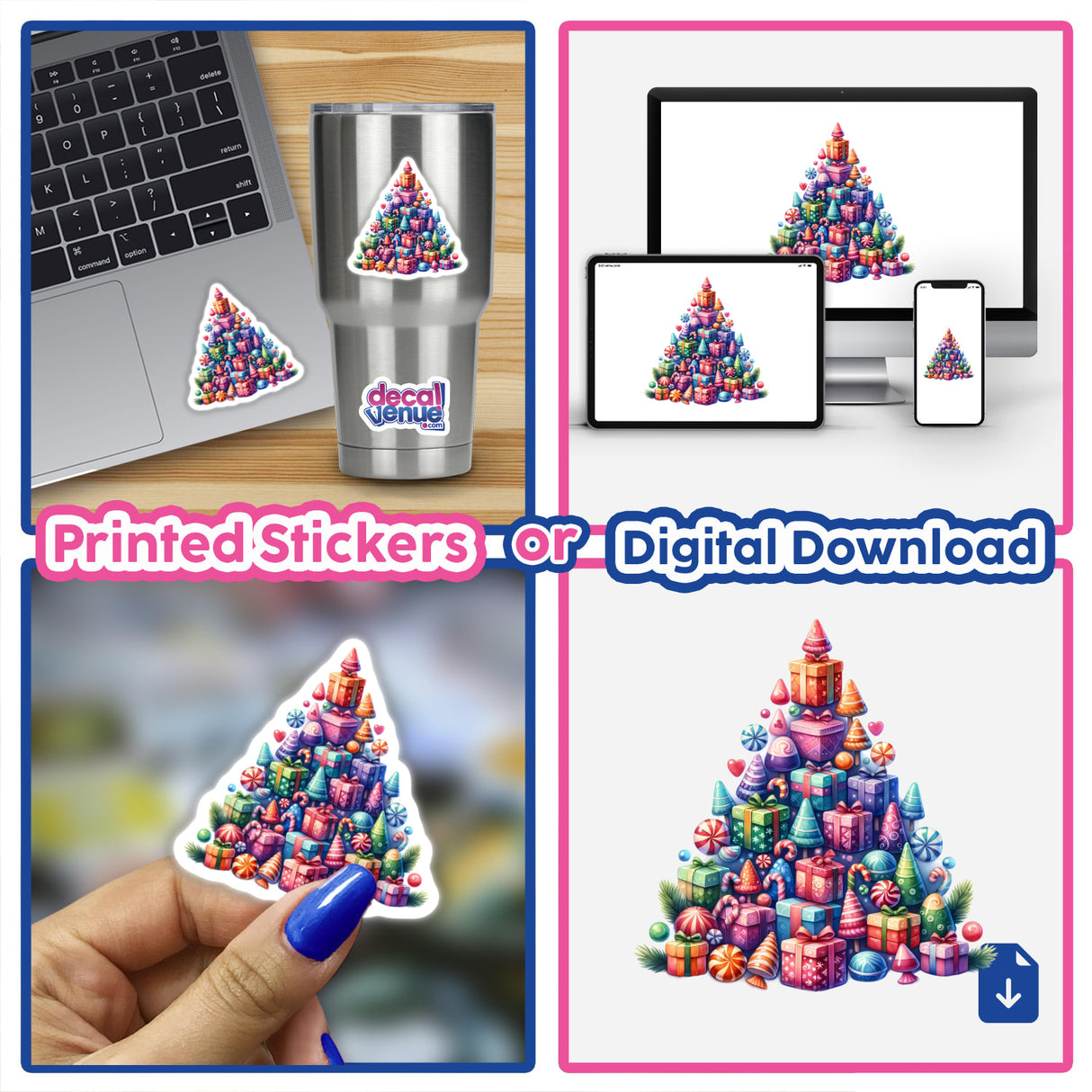 Collage featuring the Christmas Candy Stacked Pyramid, showcasing its availability as unique stickers or digital artwork, alongside festive elements like Christmas trees and gift pyramids, aligning with Decal Venue's creative offerings.