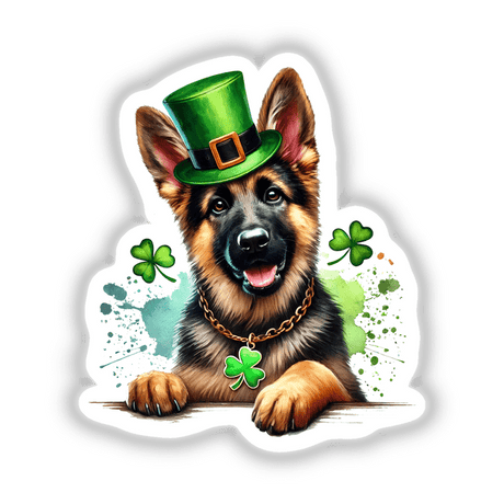 St Patricks Day Irish German Shepherd sticker features a playful dog wearing a green hat adorned with a shamrock, capturing festive charm for unique decoration.