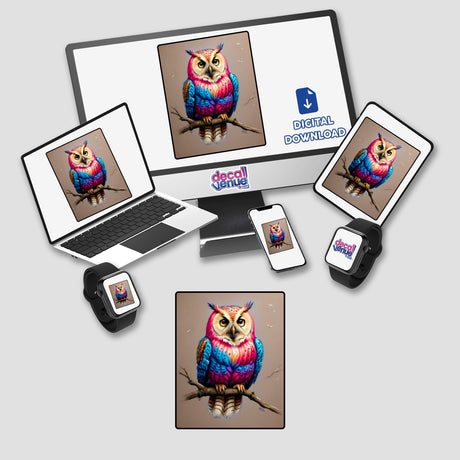 Owl of many colors displayed on various electronic screens, showcasing its availability as unique stickers or digital artwork from Decal Venue.