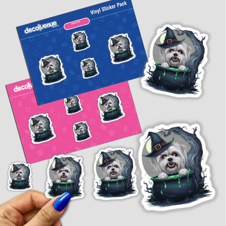 Scary Maltese Dog in Cauldron Halloween Digital Artwork Sticker Pack