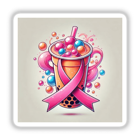 Cartoon of bubble tea with a pink ribbon for Boba Tea Pink Ribbon Breast Cancer Awareness, available as stickers or digital artwork.