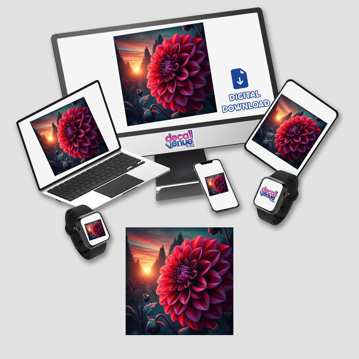 Crimson Dahlia - Garden Jewel in Twilight: A computer monitor and laptop display a vivid flower image, available as stickers or digital artwork.