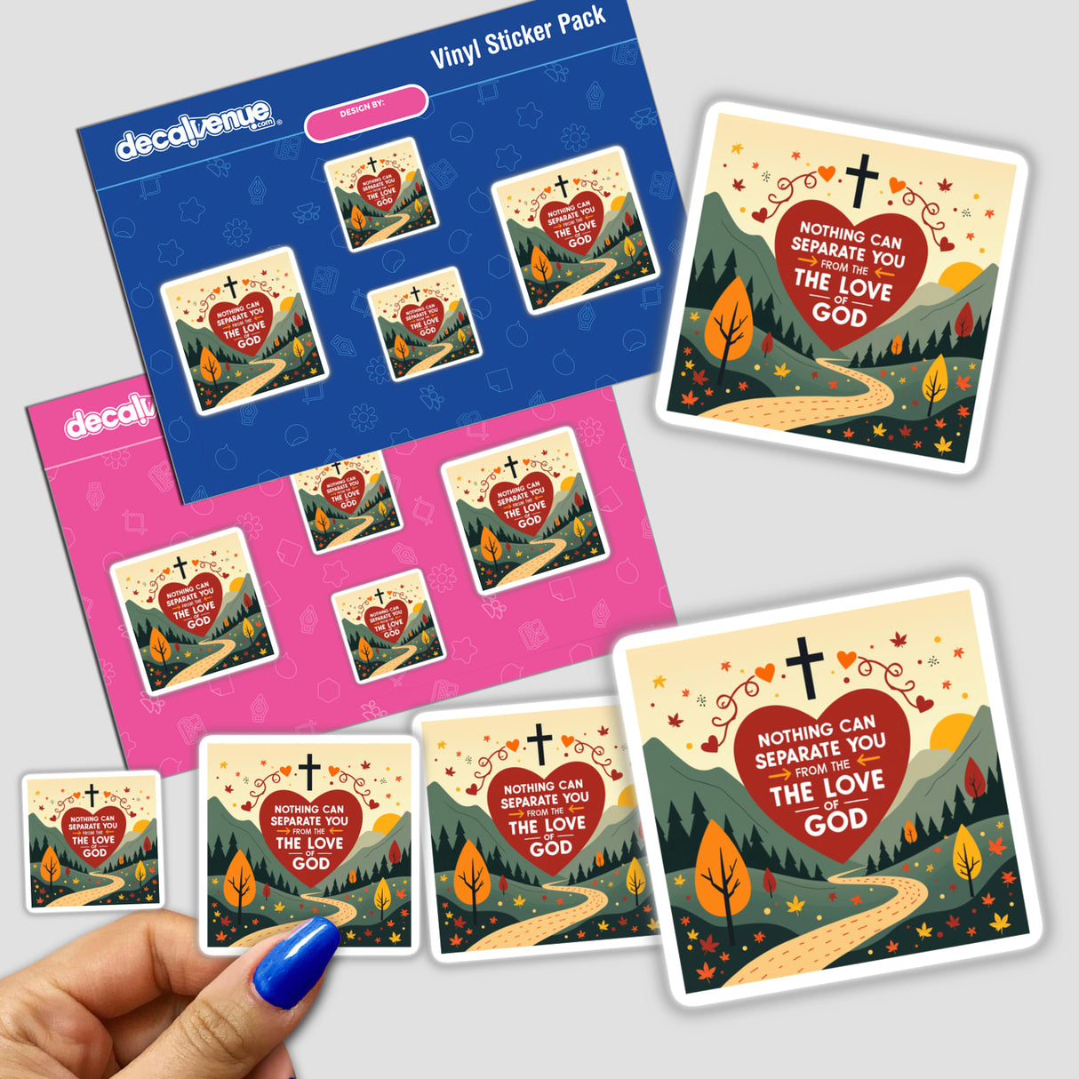 Hand holding the Romans 8:38 Christian Fall Sticker pack featuring a heart with a cross and a path, available as stickers or digital artwork for commercial use.