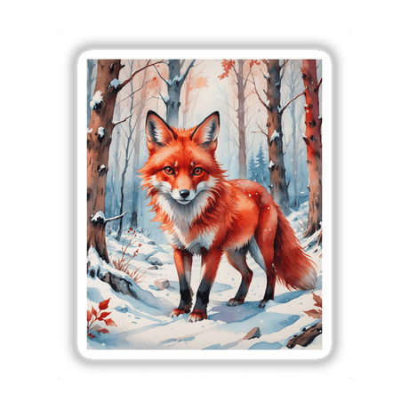 A Red Fox In A Winter Forest, depicted in a serene watercolor style, showcasing the fox amidst snow. Available as stickers or digital artwork from Decal Venue.