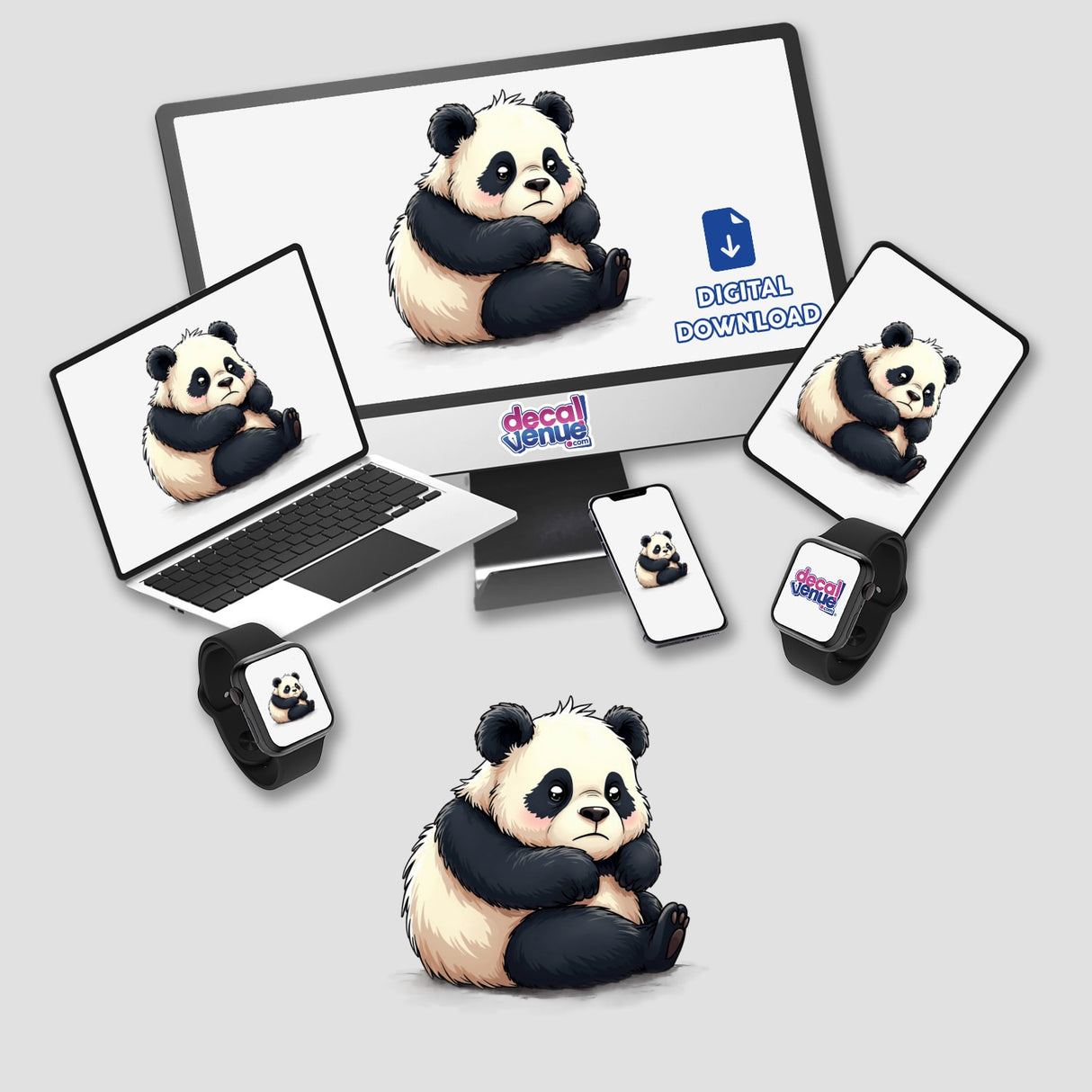 Adorable Sad Panda Bear Sitting Alone depicted on a laptop and computer monitor, available as stickers or digital artwork.