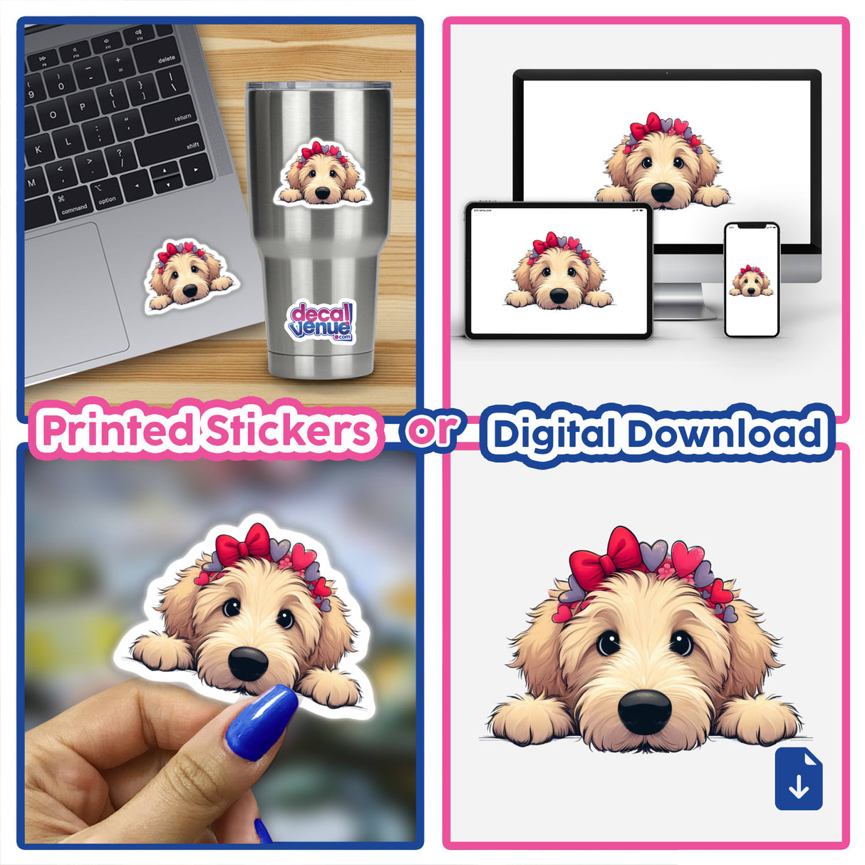 Peeking Goldendoodle w Heart Headband sticker on a laptop, showcasing a cartoon dog with a bow and hearts. Available as unique vinyl sticker or digital artwork from Decal Venue.