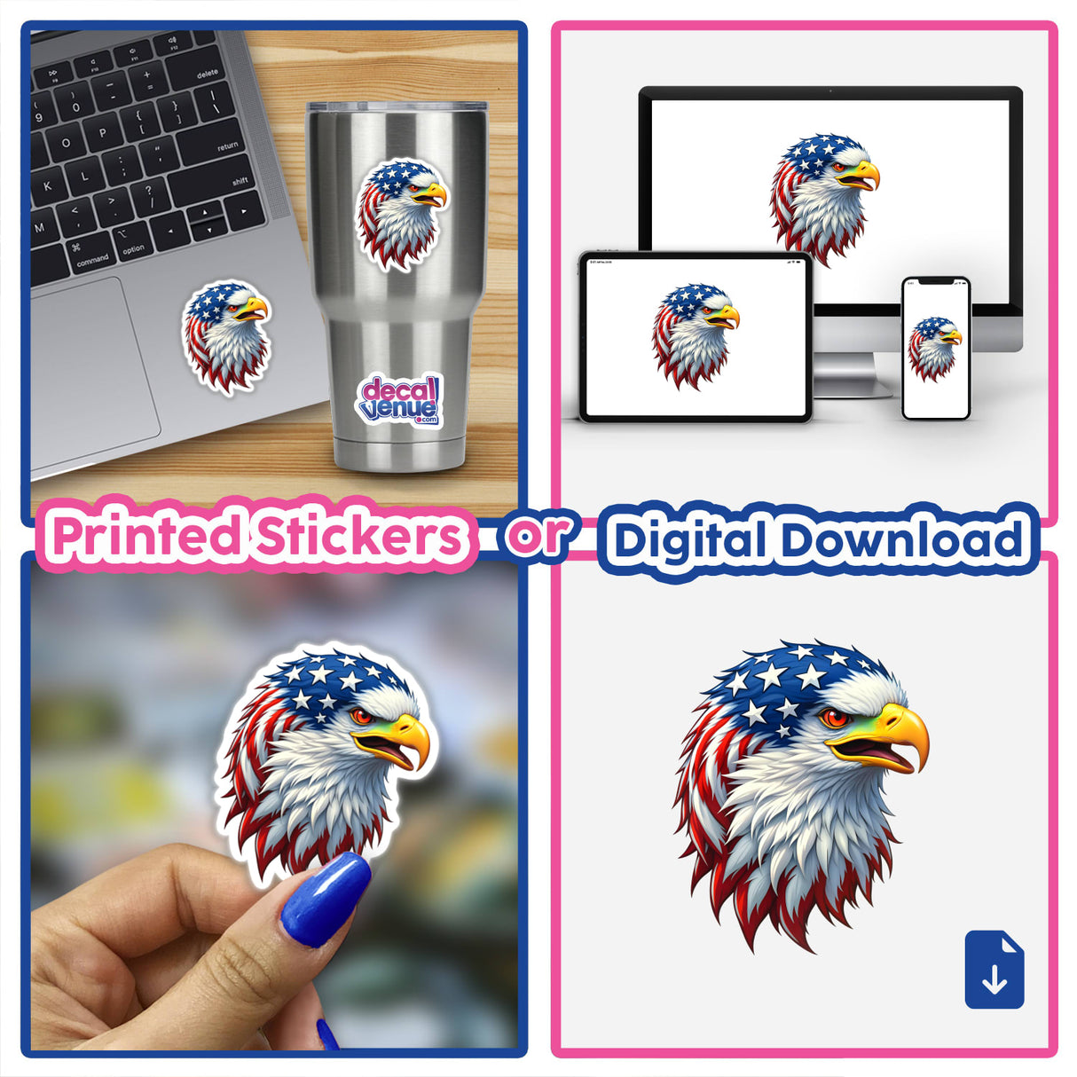 Collage featuring A Cool American Flag Eagle sticker on various surfaces, including a laptop and a cup, showcasing its versatility as both a sticker and digital artwork.