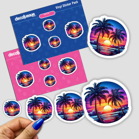 Vibrant tropical sunset stickers featuring palm trees silhouetted against a colorful sky and ocean, perfect for adding a retro, beachy vibe to any surface.